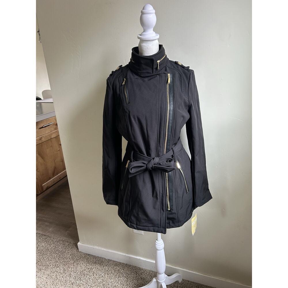 Michael Kors Trench Coat Womens XS Black Hooded Belted Zip Lined NWT - Picture 15 of 16